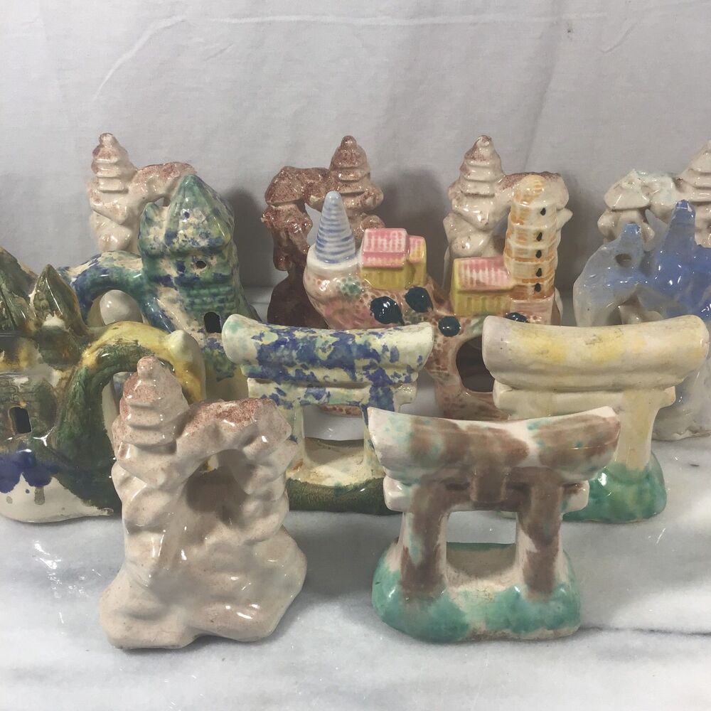 Lot of 12 Vintage Japanese Ceramic Aquarium Figurines - Pagodas & Torii Gates